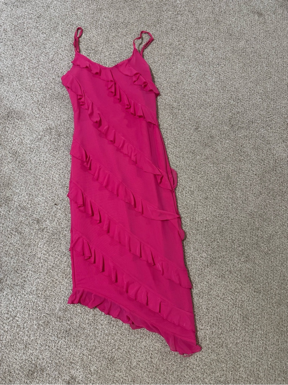 Hot Pink Asymmetrical Ruffle Slip Dress